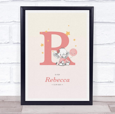 The Card Zoo Pink Baby Girl Elephant Initial R Baby Birth Details Nursery Christening Print