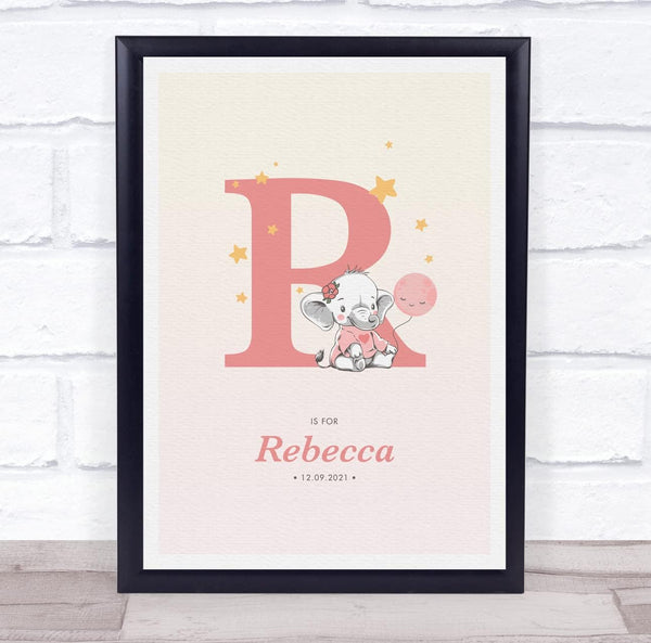 The Card Zoo Pink Baby Girl Elephant Initial R Baby Birth Details Nursery Christening Print