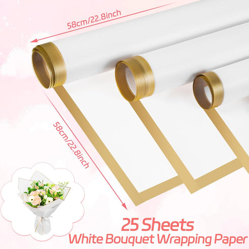 25 Sheets Flower Wrapping Paper, White Floral Paper Waterproof Bouquet Wrapping Paper Florist Supplies for Gift Box Packaging Wedding Birthday Party DIY Crafts