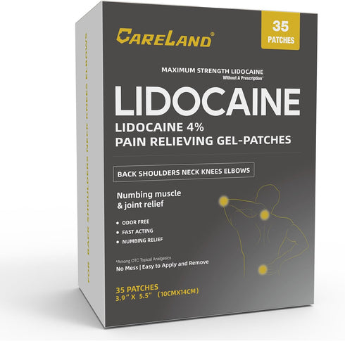 CARELAND 4% Lidocaine Gel Patch - 35 Count Maximum Strength Pain Patches for Muscle Relief in Neck, Knee, Back,