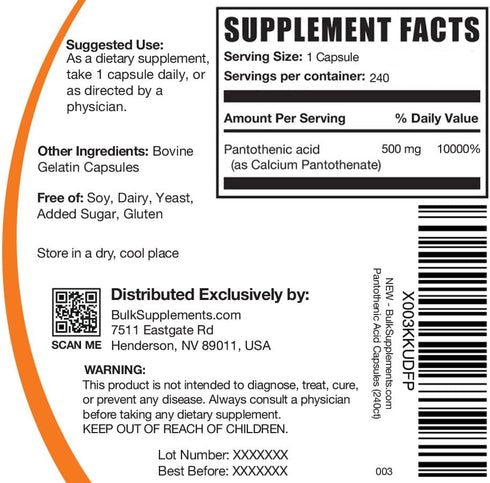 BulkSupplements.com Vitamin B5 Capsules - Vitamin B Supplement - Pantothenic Acid 500mg - B5 Vitamins - Vitamin B5 Pantothenic Acid - 1 Capsule per Serving, 240-Day Supply (240 Capsules)