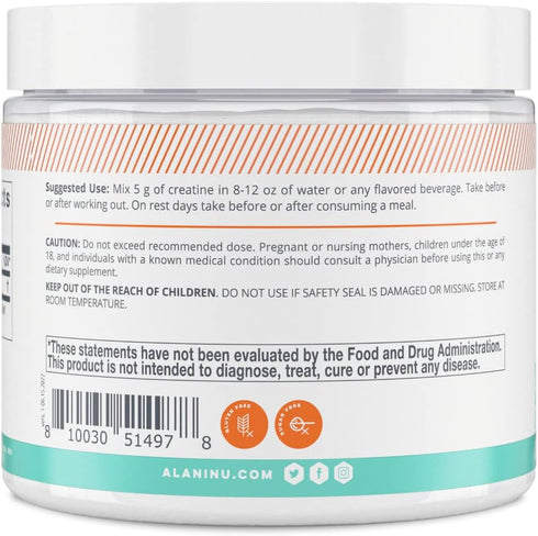 Alani Nu Creatine Monohydrate Powder | Unflavored | Micronized | 30 Servings - Gluten Free, Sugar Free, Vegan