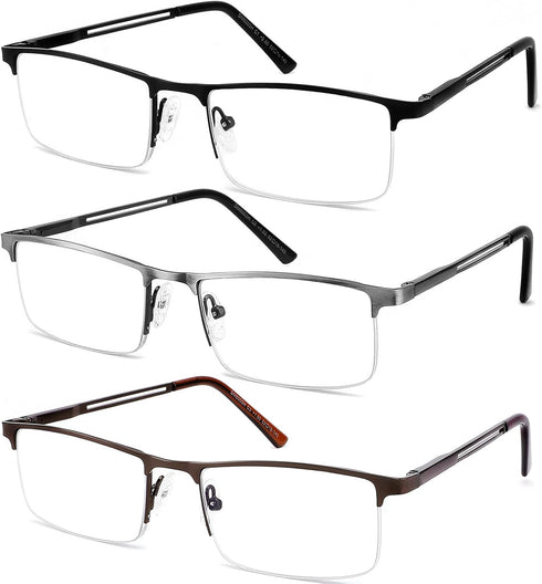 JJWELL 3 Pack Blue Light Blocking Reading Glasses for Men - Anti Computer Glare Eyestrain Readers with Pouches