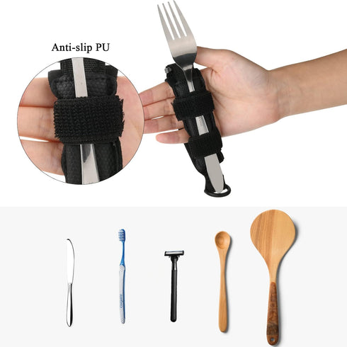 Beautyflier Spoon Fork Universal Cuff, Adjustable Holder Strap for Cutlery, Pens, Toothbrushes for Elderly (Black)