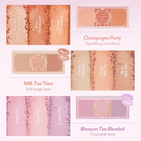 I'M MEME Blusher Palette - Afternoon Tea Warm Flavor with Soft Pink, Peach, Lavender, 3 Shades, Matte Powder