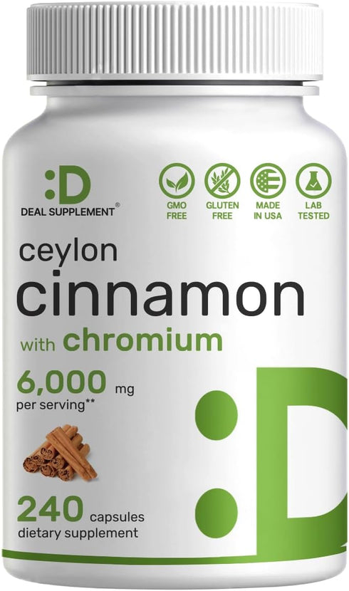 Ceylon Cinnamon 6000mg with Chromium 1000mcg - 240 Natural Capsules from True Sri Lanka Source, Active Inner Bark