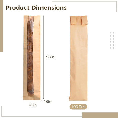 yeeplant 100 Packaging 23.2X4.3X1.6 Pcs Kraft Bread Bags with Window for French Loaf, Paper for Homemade Bread, Bakery