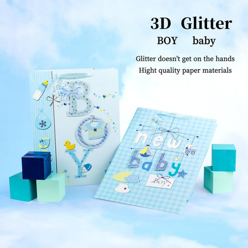 Golden J Store 16.5" Extra Large Baby Gift Bags with Tissue Papers for Baby Showers 2-Pack (Blue)