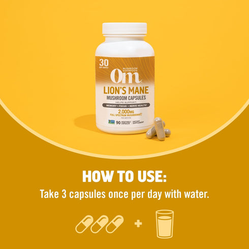 OM MUSHROOM SUPERFOOD Lion's Mane Mushroom Capsules, Superfood Supplement, 90 Count, 30 Day Supply