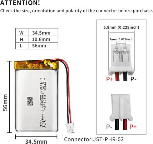 EEMB 3.7V 2000mAh Lithium Polymer Battery Pack 103454 Lipo with Wire JST Connector for Wireless Devices - Confirm