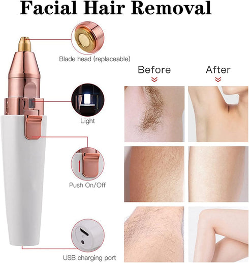 Facial Hair Remover for Women,Nose Hair Trimmer Rechargeable 2-1 Eyebrow Razor&Portable Electric Shaver Painless Hair Remover Device for Face Nose Peach Fuzz Body Beard Lips Chin Female Hair Removal