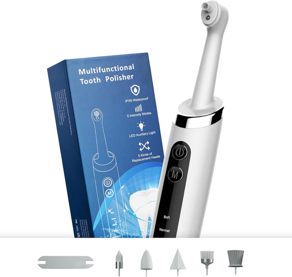 Tooth Polisher with 5 Replacement Heads, Electric Professional USB Charging, IPX6 Waterproof for Adults & Kids, White