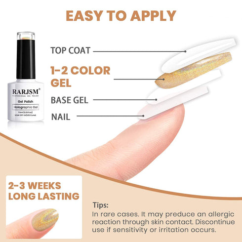 RARJSM Holographic Nail Polish - Shimmer Gold Gel Polish, Unicorn Effect Nail Art Colors, 7.5ML Curing Required