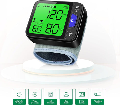Automatic Wrist Blood Pressure Monitor with Voice, Digital 3 Color Backlit LCD Display, 240 Readings for Dual Users