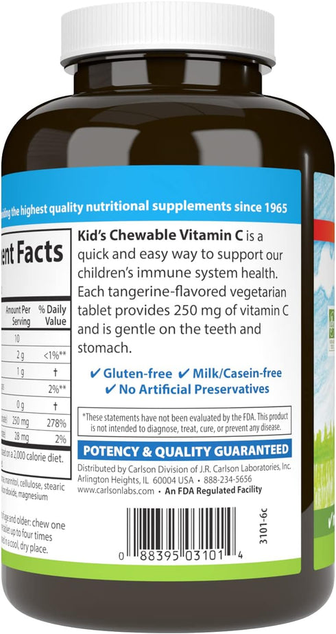 Carlson Kid's Chewable Vitamin C - 250 mg, Immune Support & Optimal Wellness, Antioxidant, Tangerine, 120 Vegetarian