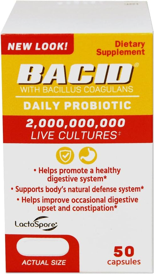 Daily Probiotic | 50 Count | Dietary Supplement for Digestive Health | 2 Billion Bacillus Coagulans Live Cultures, White