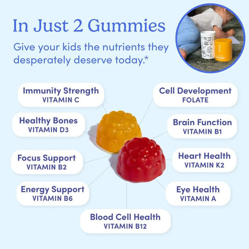 FIRST DAY Kids Daily Multivitamin Gummies – Vitamin A, D3, B6, B12, C, K2 & More for Growth, Brain Function, Immunity –