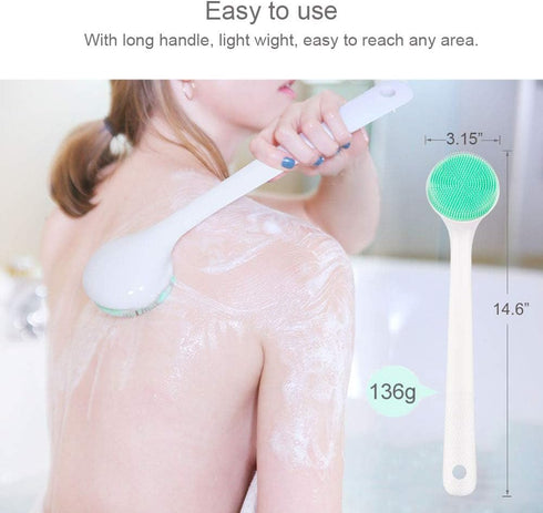 Silicone Body Scrubber Exfoliator - Long Handle Shower Brush with Soft Bristles, BPA Free, Non-Slip