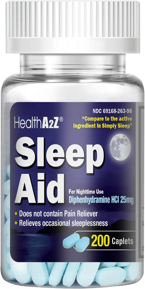 HealthA2Z Sleep Aid 200 Caplets | Diphenhydramine HCl 25mg | Regular Strength Non-Habit-Forming Sleeping Pills