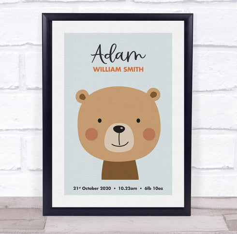 The Card Zoo New Baby Birth Details Nursery Christening Cute Bear Face Keepsake Gift Print