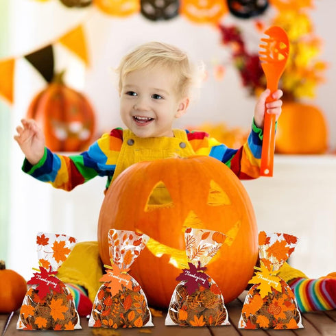 YUJUN 120 60 Supplies(4 PCS Fall Cellophane Treat Bags,Maple Leaves Gift Goodie Candy Autumn Clear Cello Bags