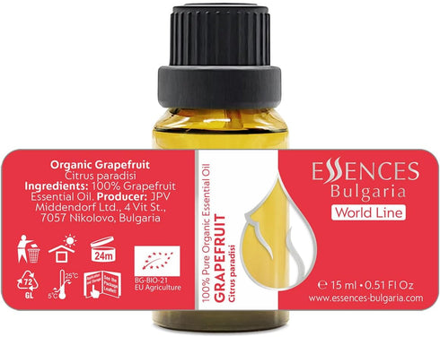 Essences Bulgaria Organic Grapefruit Essential Oil 0.51 Fl Oz, 100% Pure Natural for Home Aromatherapy and Massage