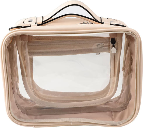 Traveling Toiletry Case, Large Clear Cosmetics Makeup Bag Dimensions | LxWxH:10” x 4.5” x 8” (Beige, Medium)