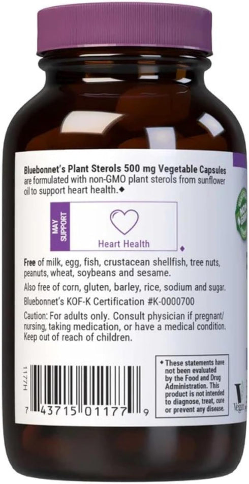 Bluebonnet Nutrition Plant Sterols 500mg Heart Health Supplement - Non-GMO, Vegan, Gluten-Free, 60 Capsules