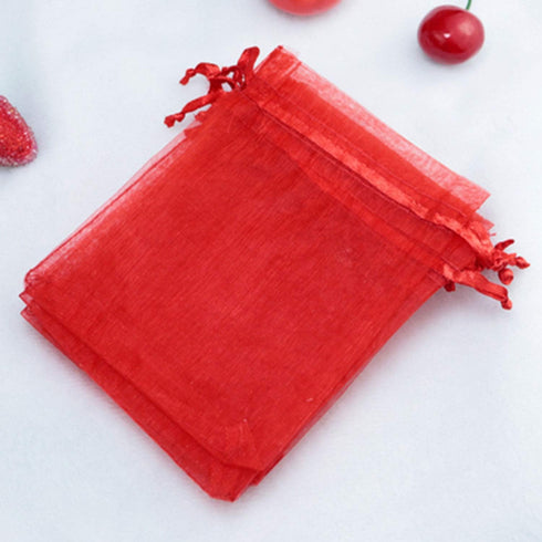 100 Pc 5x7 inch Red Gift Wrap Bags, Organza Sheer Fabric Drawstring Treat Bags for Baby Shower, House Party Favors