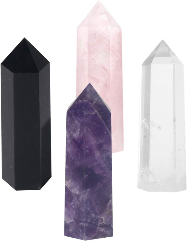 Healing Crystal Wands, 2" Amethyst, Rose Quartz, Clear Quartz, Black Obsidian, 6 Faceted Reiki Chakra Stones