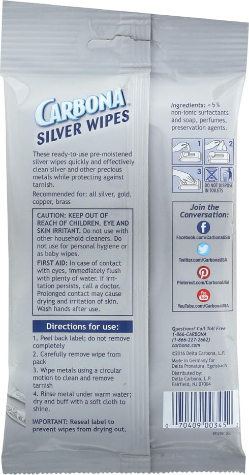 Carbona Silver Wipes, Metal Cleaner & Polish, 12 Wipes, 1 Pack