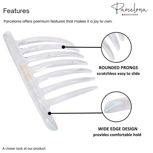 Parcelona Set of 2 Large 4" Celluloid Flexible Hair Combs, Clear, Made in France