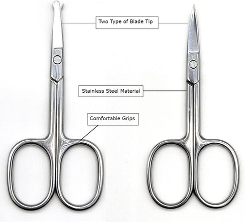 Stainless Steel Grooming Scissors Pack of 2 with Travel Case, Eyebrow, Nose Hair & Beard Trimming Kit