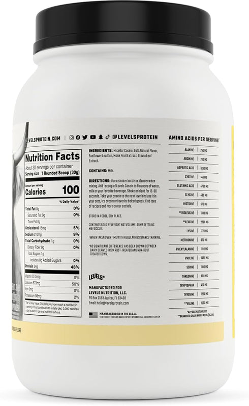 Levels 100% Micellar Casein Protein - Vanilla Bean - 2LB - Hormone Free