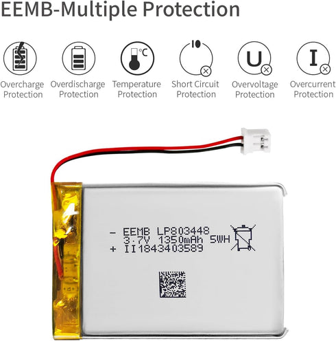 EEMB 3.7V Lipo Battery 1350mAh 803448, Rechargeable Lithium Polymer Battery with JST Connector