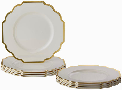 SILVER SPOONS Elegant Disposable Plates - (10 pc) Heavy Duty Salad Plates 8.25”, Fine Dining Plastic Dishes, Ivory/Gold