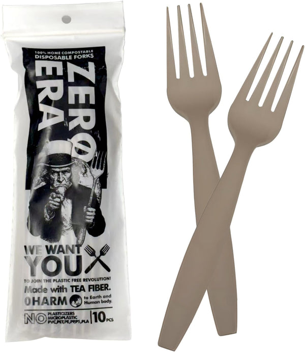 Zero Era 10 Pack Compostable Fork Tea Fiber Cutlery 48% Bio-Based, Plastic-Free, Home Compostable,