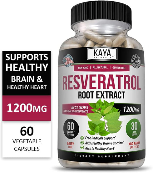 Kaya Naturals Resveratrol Capsules, Anti Aging Supplement with Antioxidants and Brain Support, 60 Veggies Capsules