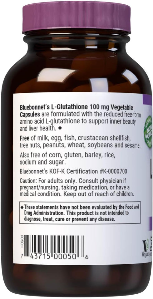 Bluebonnet L-Glutathione 100 mg Vitamin Capsules, 60 Count, White
