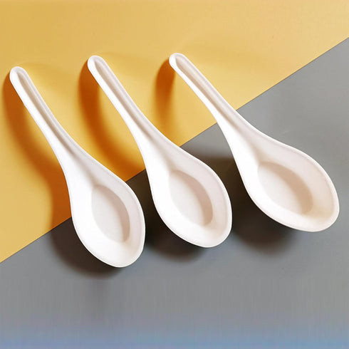 Eco Friendly Disposable Soup Spoons, 5.5" Sugarcane Fiber Spoon for Take-out Ramen Pho Noodles (50 PCS)