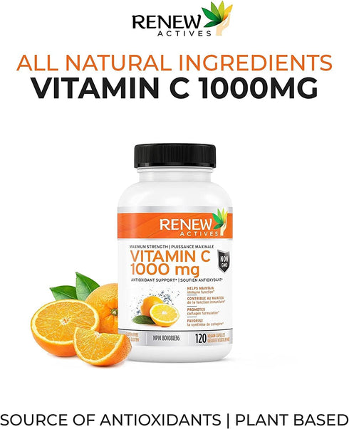 Renew Actives Maximum Strength Vitamin C 1000MG - Antioxidant & Immune Booster, Non-GMO, Sugar Free, 120 Vegan Capsules