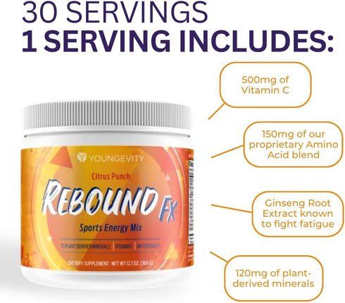 Rebound Fx Citrus Powder, 360g – Energy Supplement with Vitamins, Minerals & Antioxidants - Immune System Booster