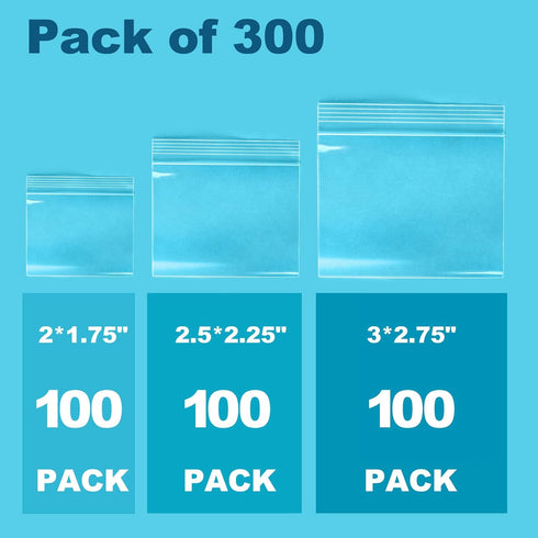 300 Packs Small Pill Bags, 6 mil Sturdy 3 Assorted Sizes 2x1.85'', 2.5x2.25'', 3x2.75'' Plastic Bags, Reusable Bags Clear Zip Bags, Pill Pouch Bags for Travel Storage Jewelry and Small Craft Pieces