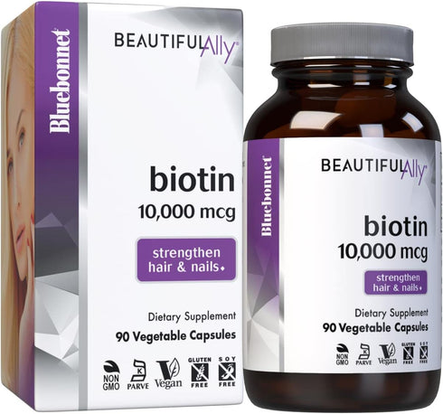Bluebonnet Nutrition Beautiful Ally Biotin 10,000 mcg - Strengthen Hair & Nails, Vegan, 90 Vegetable Capsules