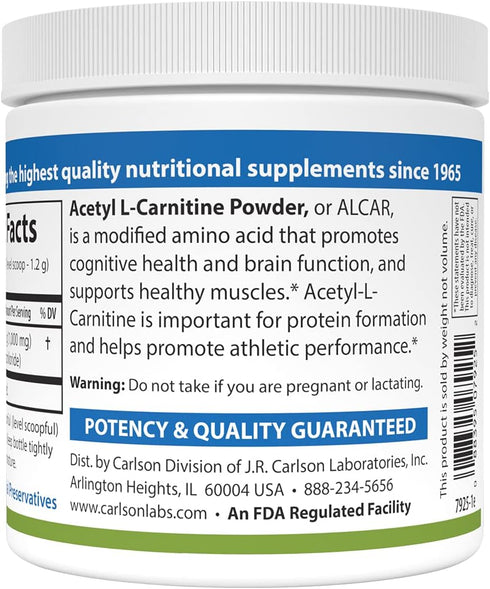 Carlson Acetyl L-Carnitine Powder, Free-Form Amino Acid for Cognitive Health, Brain Function & Muscle Support, 3.53 oz