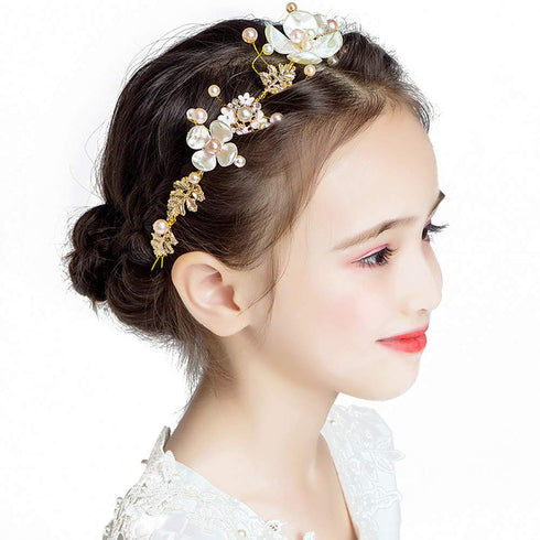 PRDGIRL Kids Wedding Hair Accessories, Floral Princess Headpiece Pearls Tiara, Cute Bridal Hair Band for Girls and Women