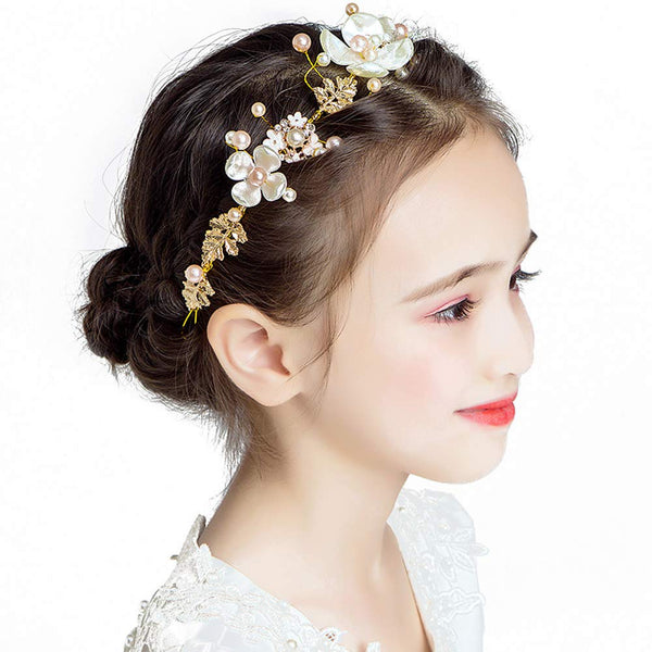 PRDGIRL Kids Wedding Hair Accessories, Floral Princess Headpiece Pearls Tiara, Cute Bridal Hair Band for Girls and Women