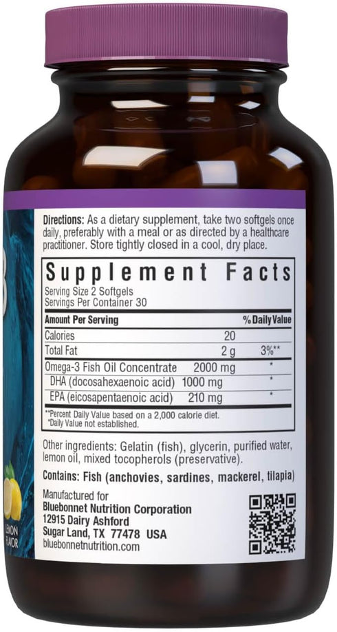 Bluebonnet Nutrition Omega-3 Brain Formula Natural Wild Caught, DHA 860 mg EPA 120 mg, 60 Softgels