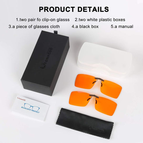 FONHCOO Clip-on Blue Light Blocking Glasses, 2 Pack Over Prescription Glasses, Anti Eyestrain for Computer Gamers