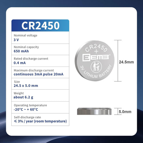 EEMB 10 PACK CR2450 Battery 3V Lithium Battery 2450 Button Coin Cell Batteries DL2450?ECR2450?BR2450 for Watch Tea Lights Votive Candles Alarm System Car Key Fob Remote Control Calculators Toys Games